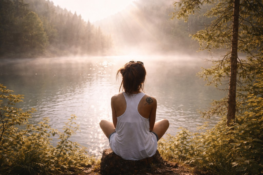 A tarot reader pausing with soft eyes over a twelve-month spread, demonstrating the shift from procedural reading to intuitive signal-following