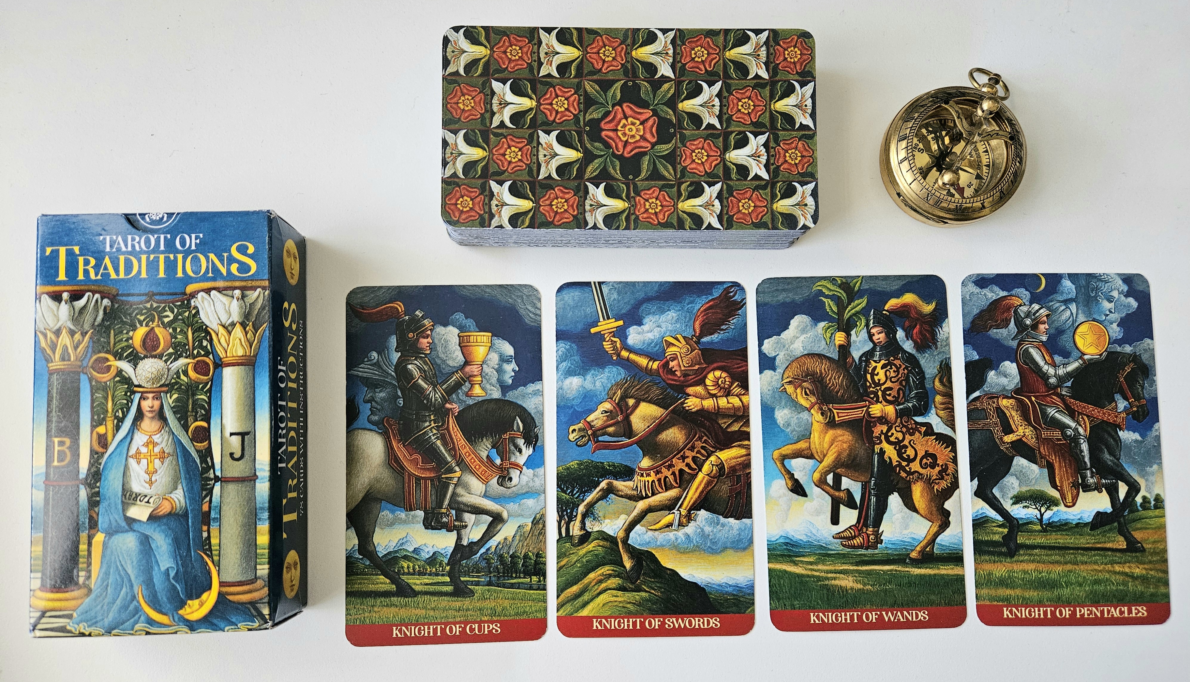 The four Knights from Tarot of Traditions arranged as working companions, with The High Priestess visible on the card box.