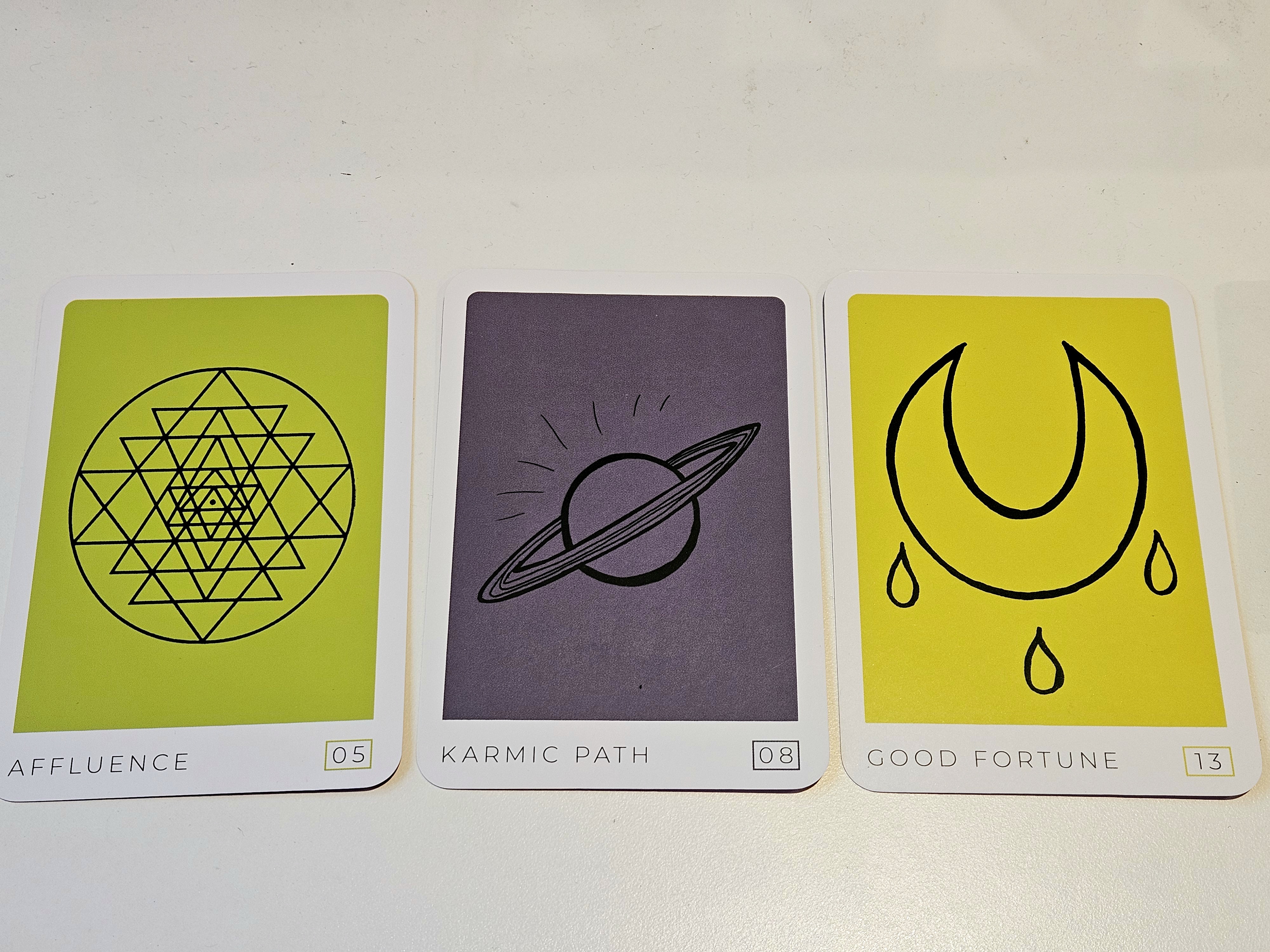 Pre-read oracle cards: Good Fortune, Karmic Path, Affluence