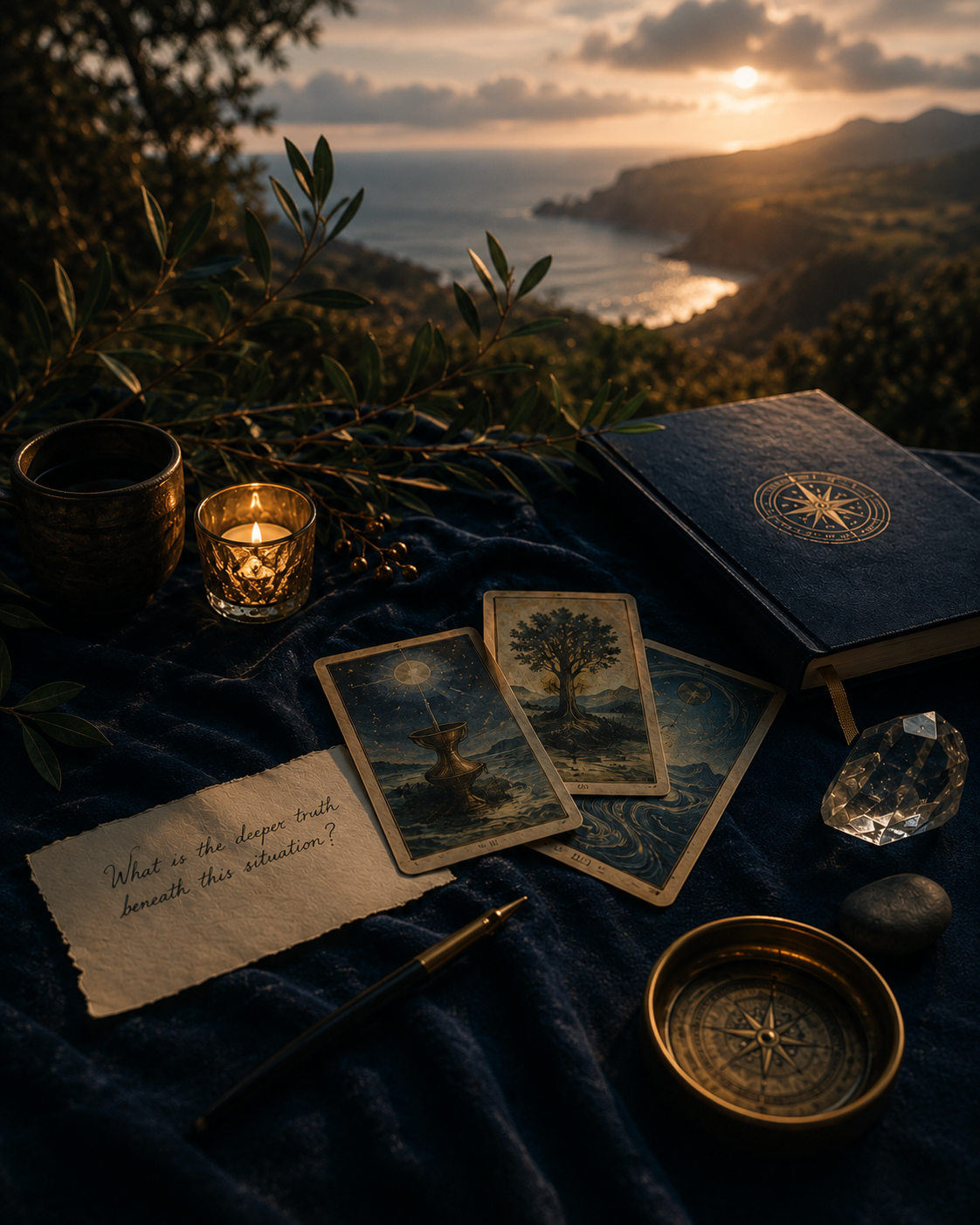 Reflective tarot reading scene overlooking the sea at sunset