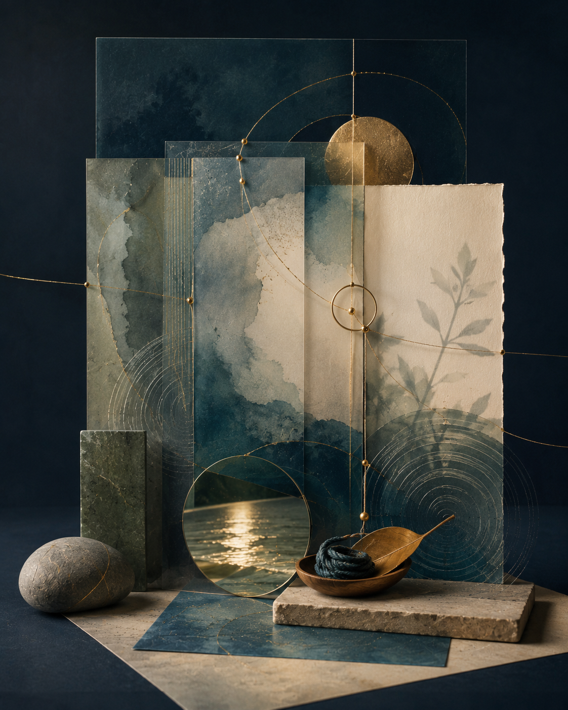 Abstract art installation in deep blue, moss green, cream, and gold expressing context, relationship, discernment, and usefulness
