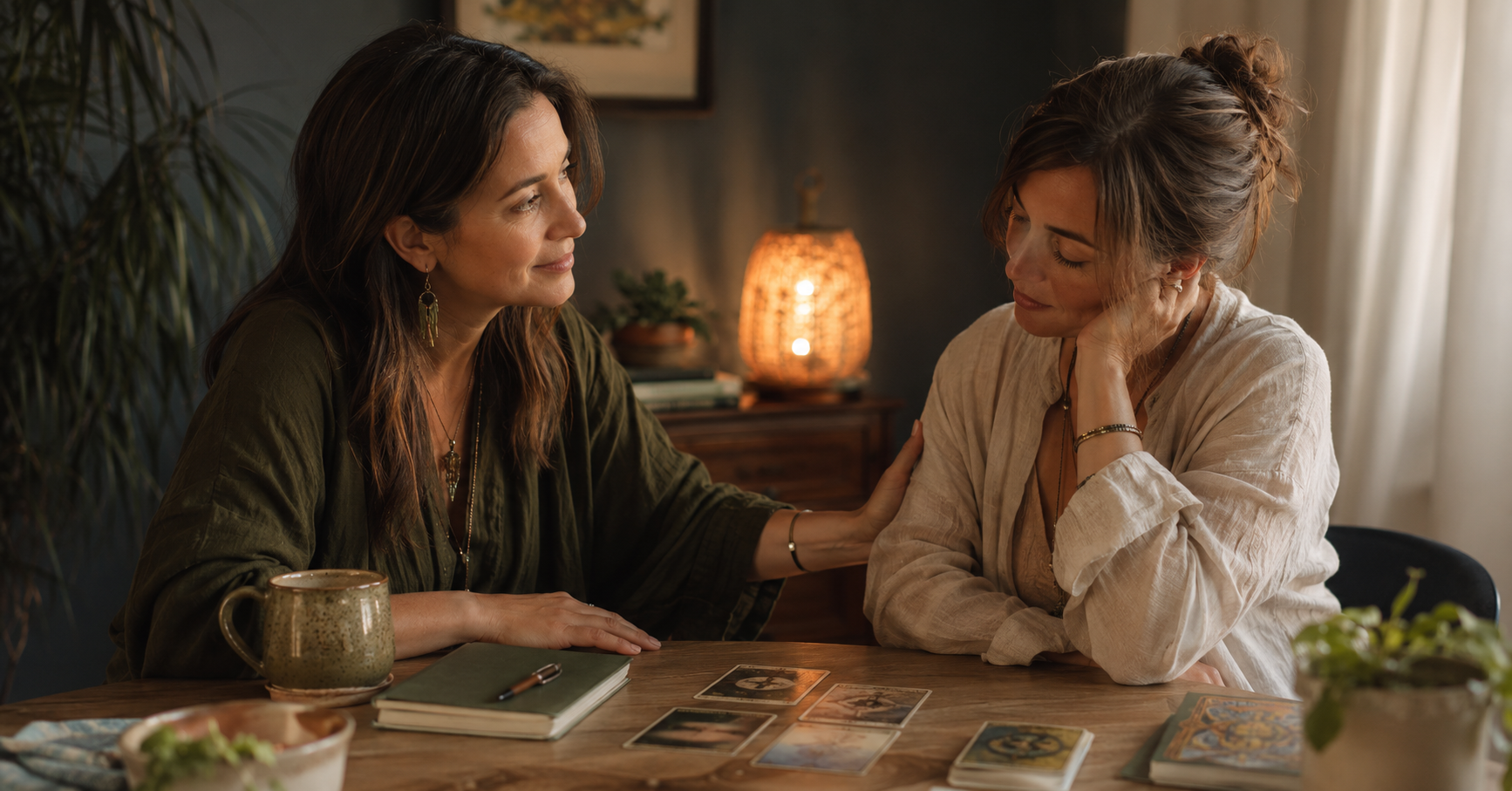 One woman offering calm, attentive support to another during a reflective card reading