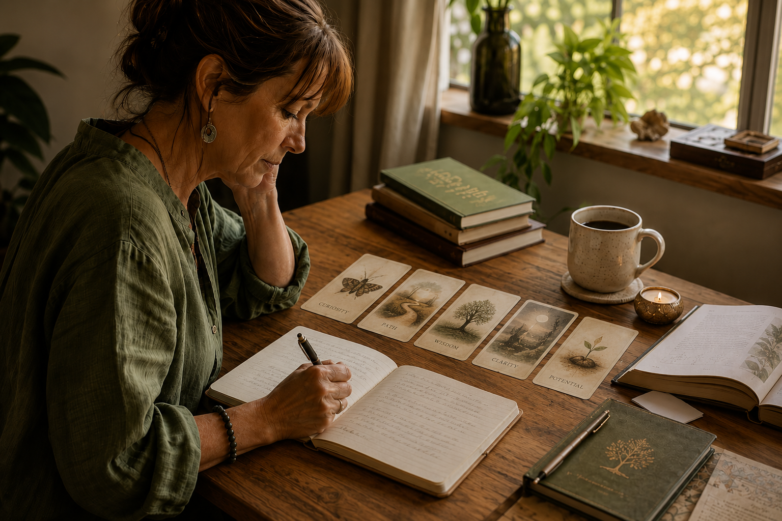 A woman studying her own oracle cards and recording observations in a journal